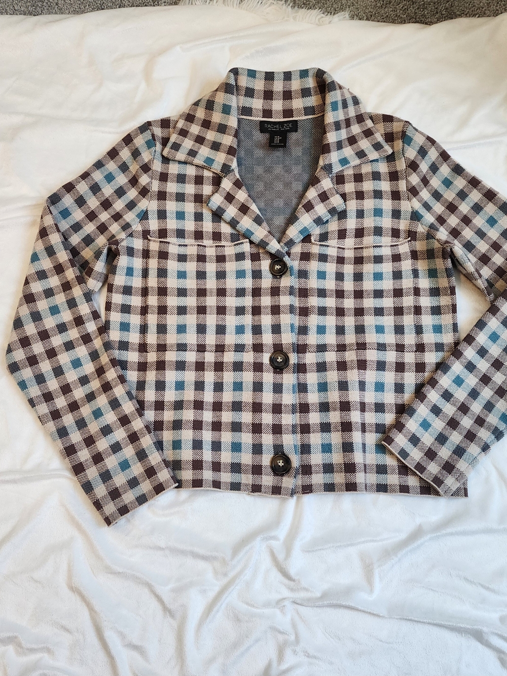 Rachel Zoe Blue Brown Cream Plaid Print  Button-Front Long Sleeve Top Jacket Med